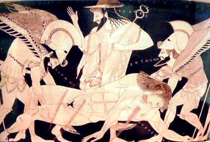 Illustration zu Gedankenanstöße Schlaf und Tod, Kelchkrater, Athen, 510 v.Chr. (Ausschnitt)