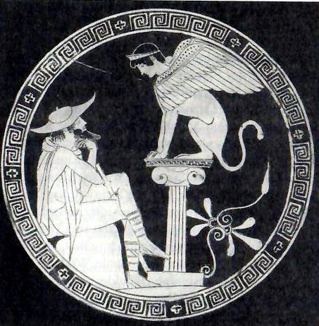 Illustration zu FAQ, Schale, Athen, 460 v.Chr., Sphinx stellt Fragen, die Ödipus wie jeder User lösen muss
