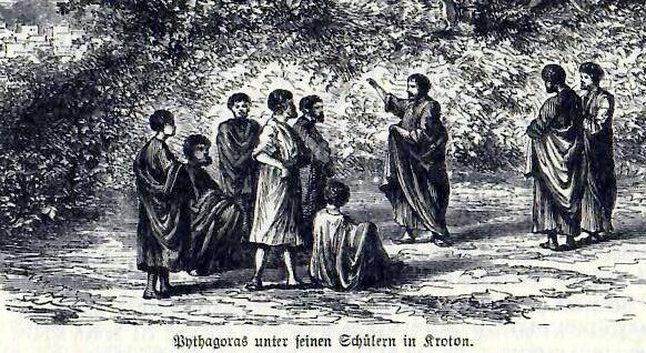 Pythagoras, stehend mit erhobener Hand, umringt von acht Schülern, zum Teil sitzend, Buchillustration 1876