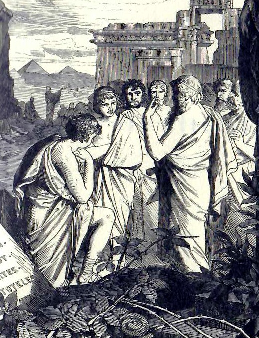 in Togas gehüllte Männer vor einem antiken Tempel, aus Göll, Gelehrte des Altertums, Frontispiz
